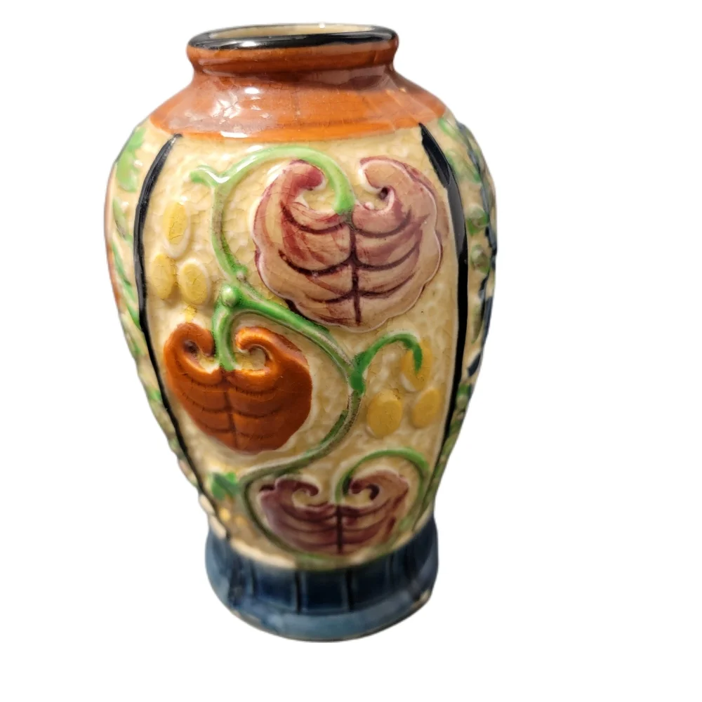 Antique Floral Hand Painted Made in Japan Embossed Pottery Urn Ceramic Vase 5 in